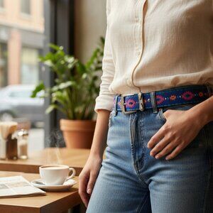 Vintage 1980's Nuovo Junior Sz 13 Tribal Southwestern Ribbon Print Belt Western